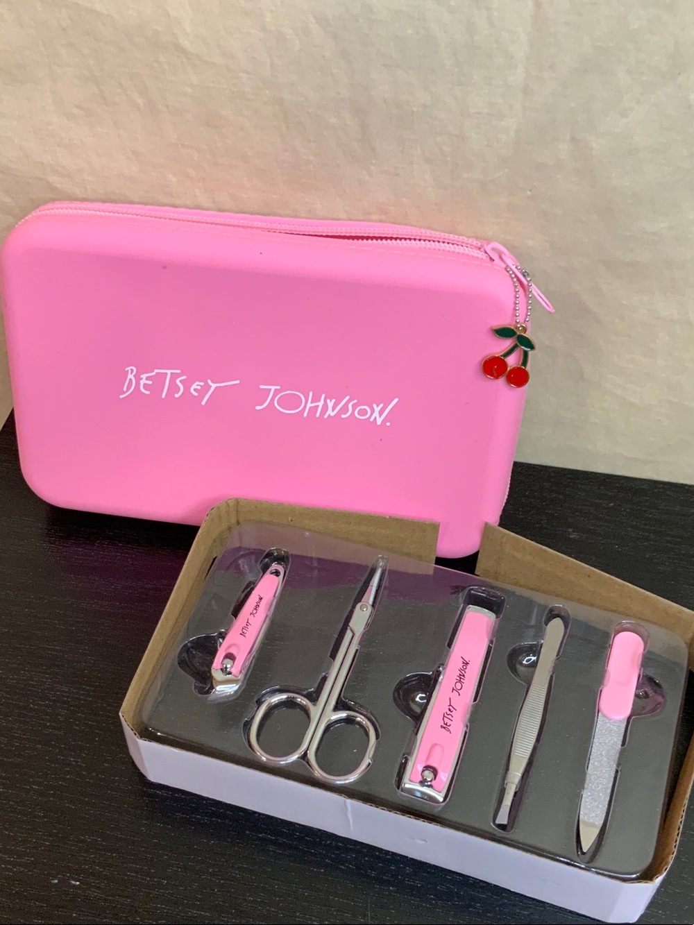 Betsey Johnson Pink Manicure Kit with Cherry Charm NWOT